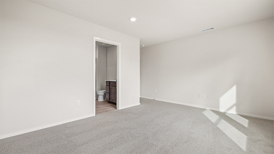 Primary bedroom with wall-to-wall carpet, a walk-in closet and an attached bathroom