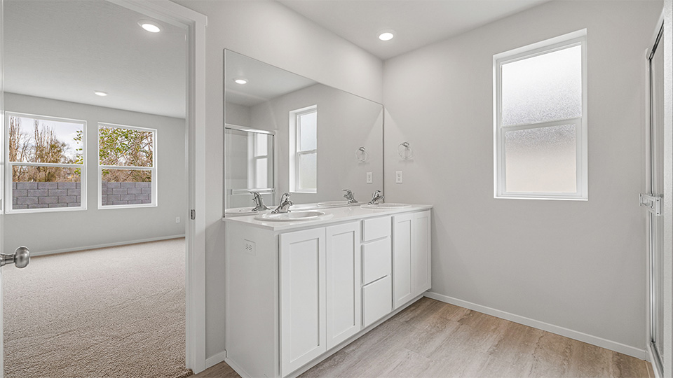 Primary bathroom with quartz counters and a walk-in shower