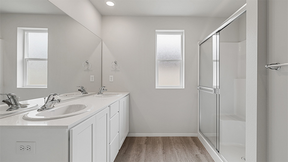 Primary bathroom with quartz counters and a walk-in shower