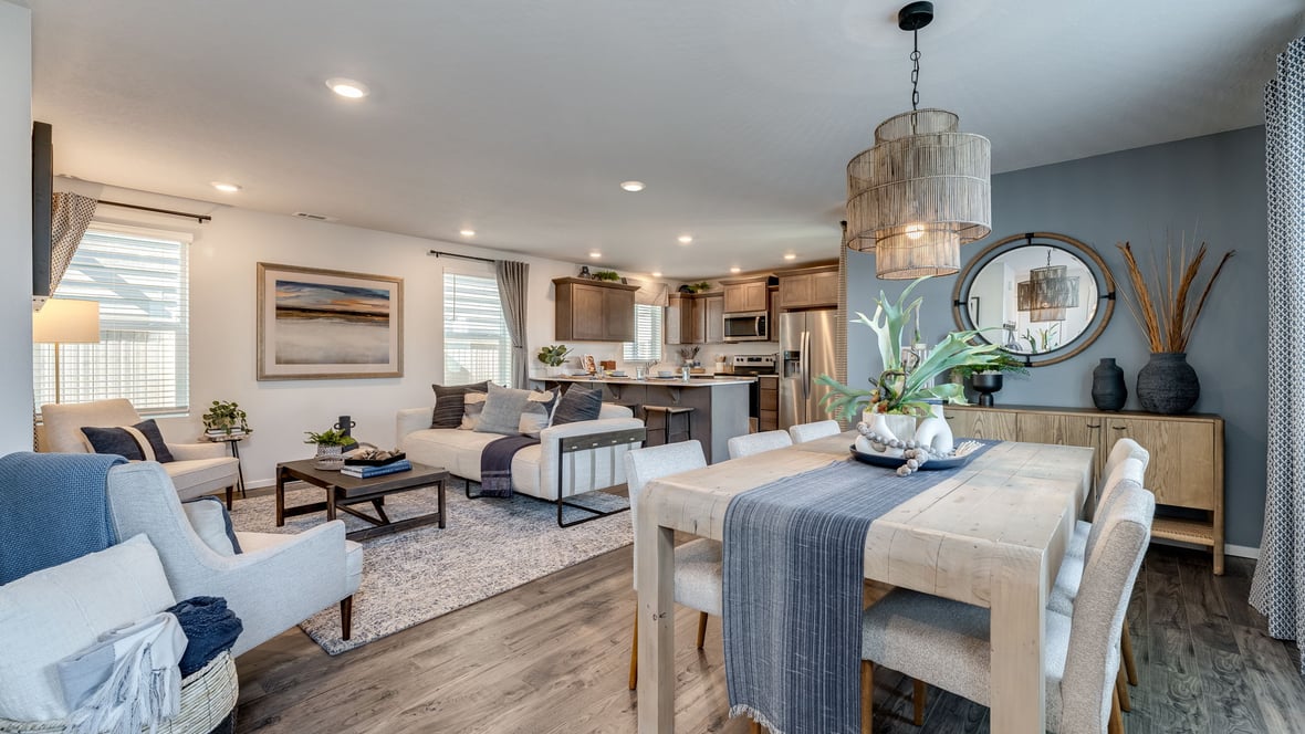 Great room with laminate flooring and an electric fireplace