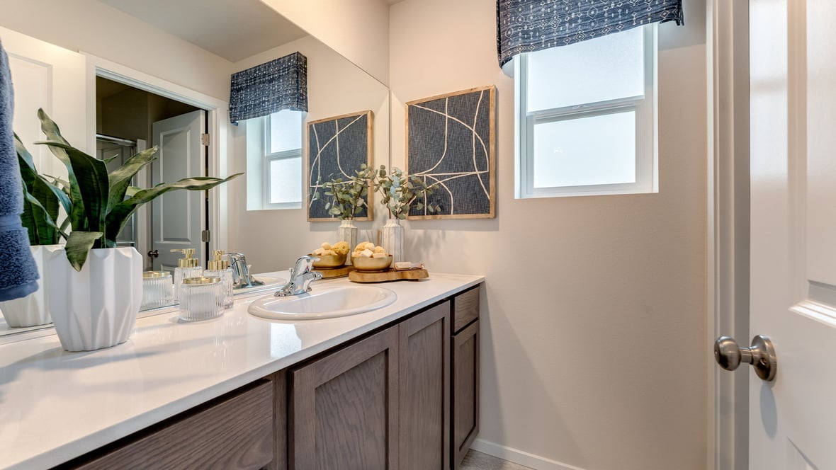 Primary bathroom with quartz counters and a walk-in shower