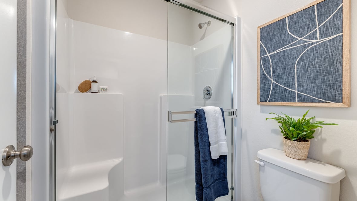 Primary bathroom with quartz counters and a walk-in shower