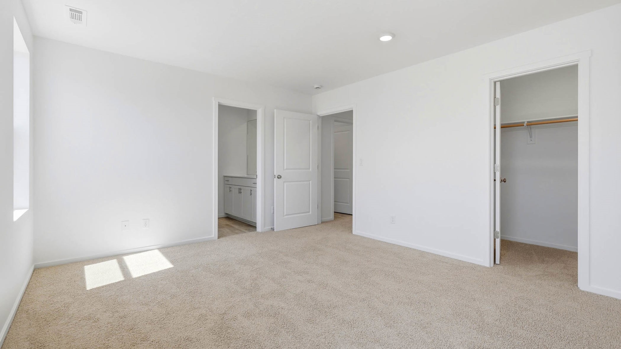 Primary bedroom with wall-to-wall carpet, a walk-in closet and an attached bathroom