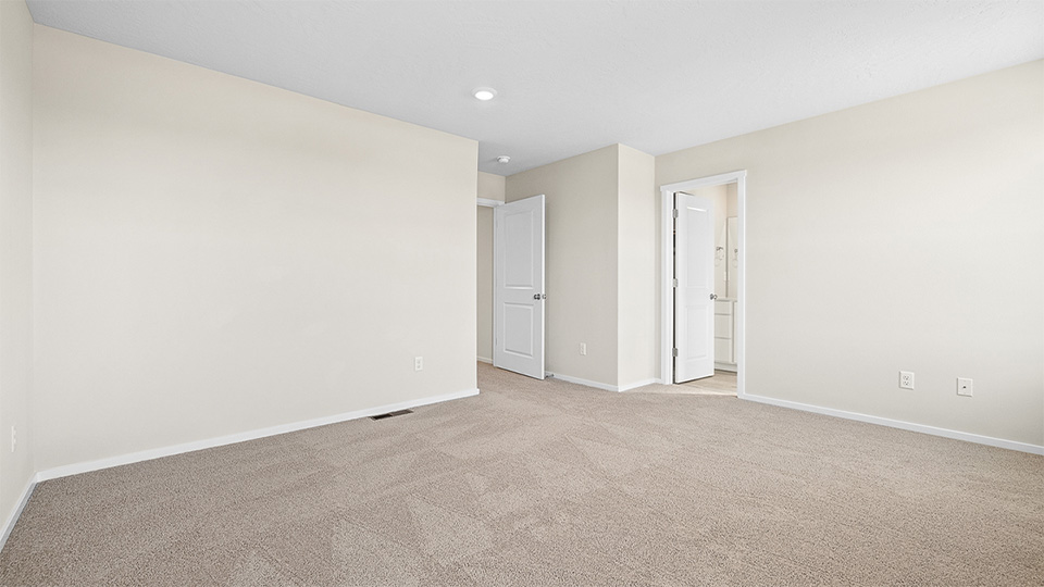 Primary bedroom with wall-to-wall carpet, a walk-in closet and an attached bathroom