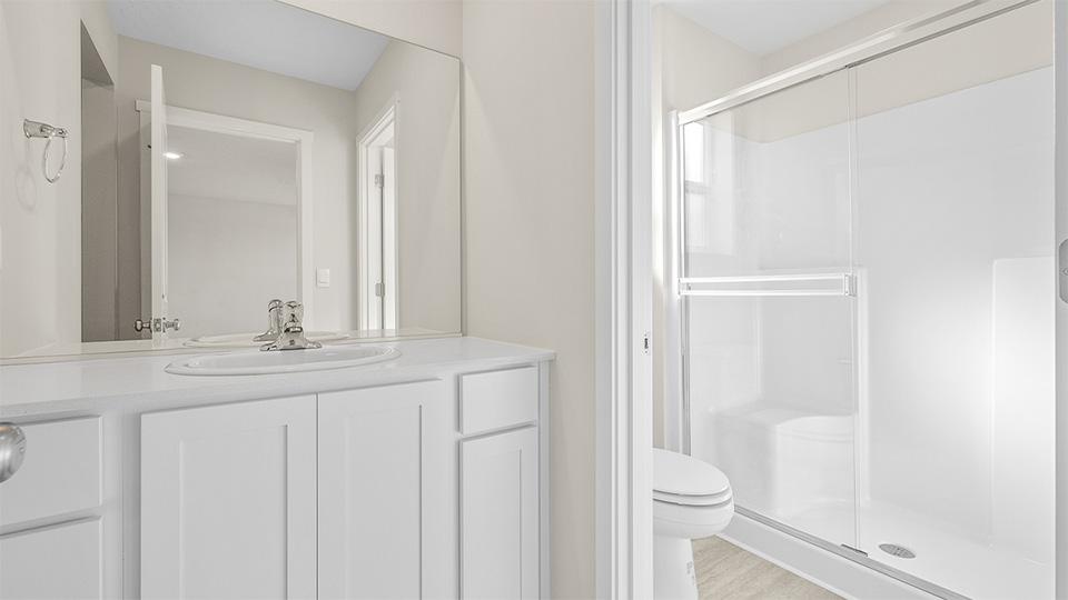 Primary bathroom with quartz counters and a walk-in shower