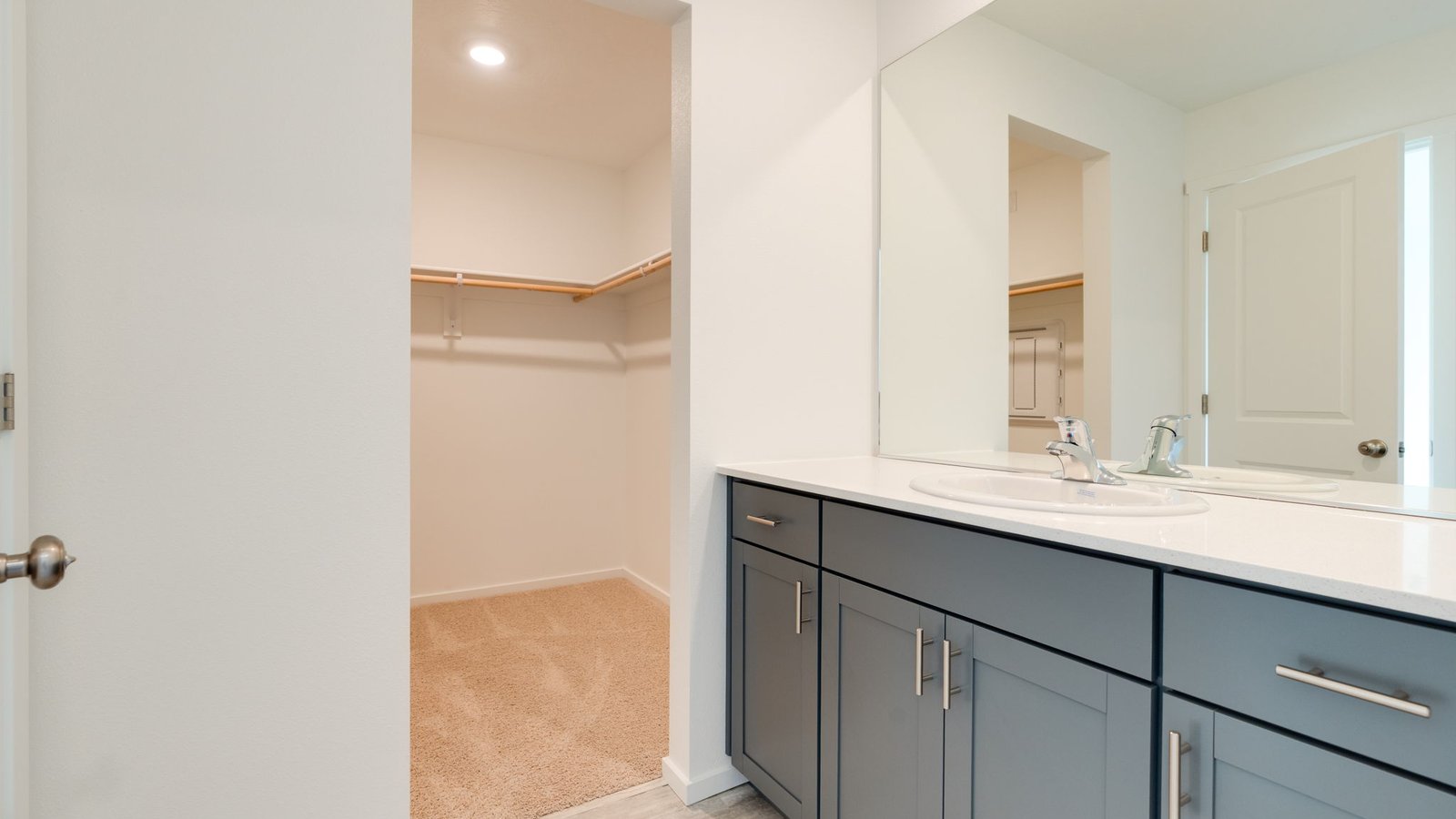 Primary bathroom with quartz counters and a walk-in shower