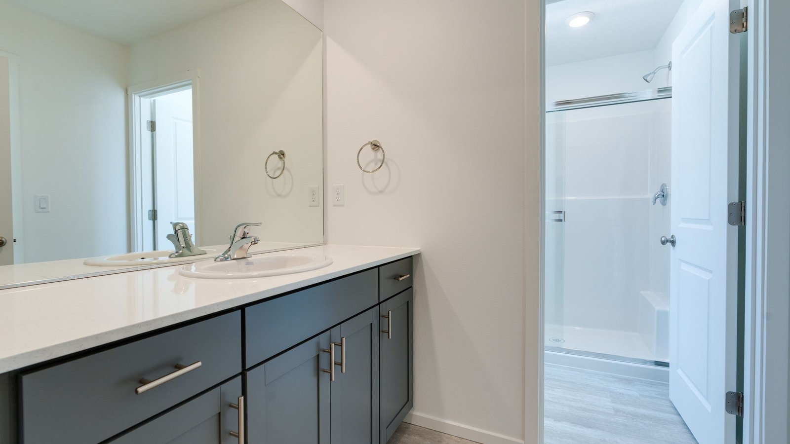 Primary bathroom with quartz counters and a walk-in shower