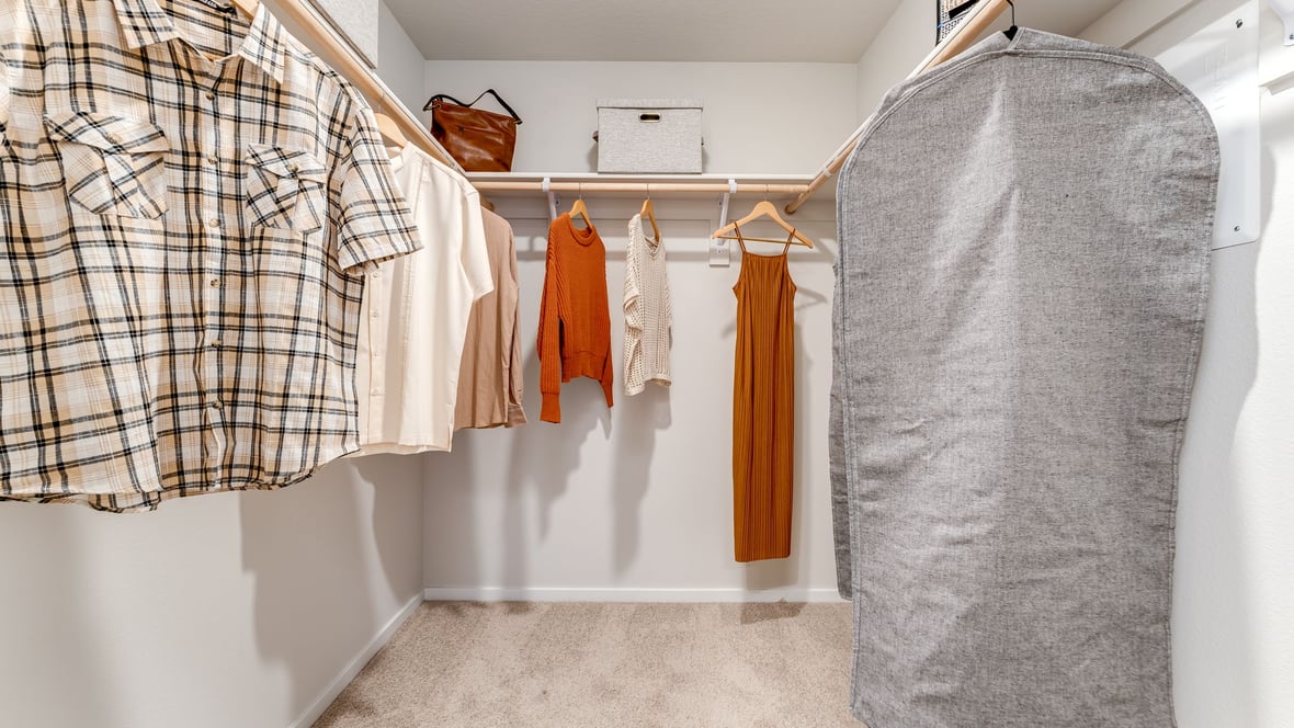 Primary bedroom walk-in closet with built-in shelves