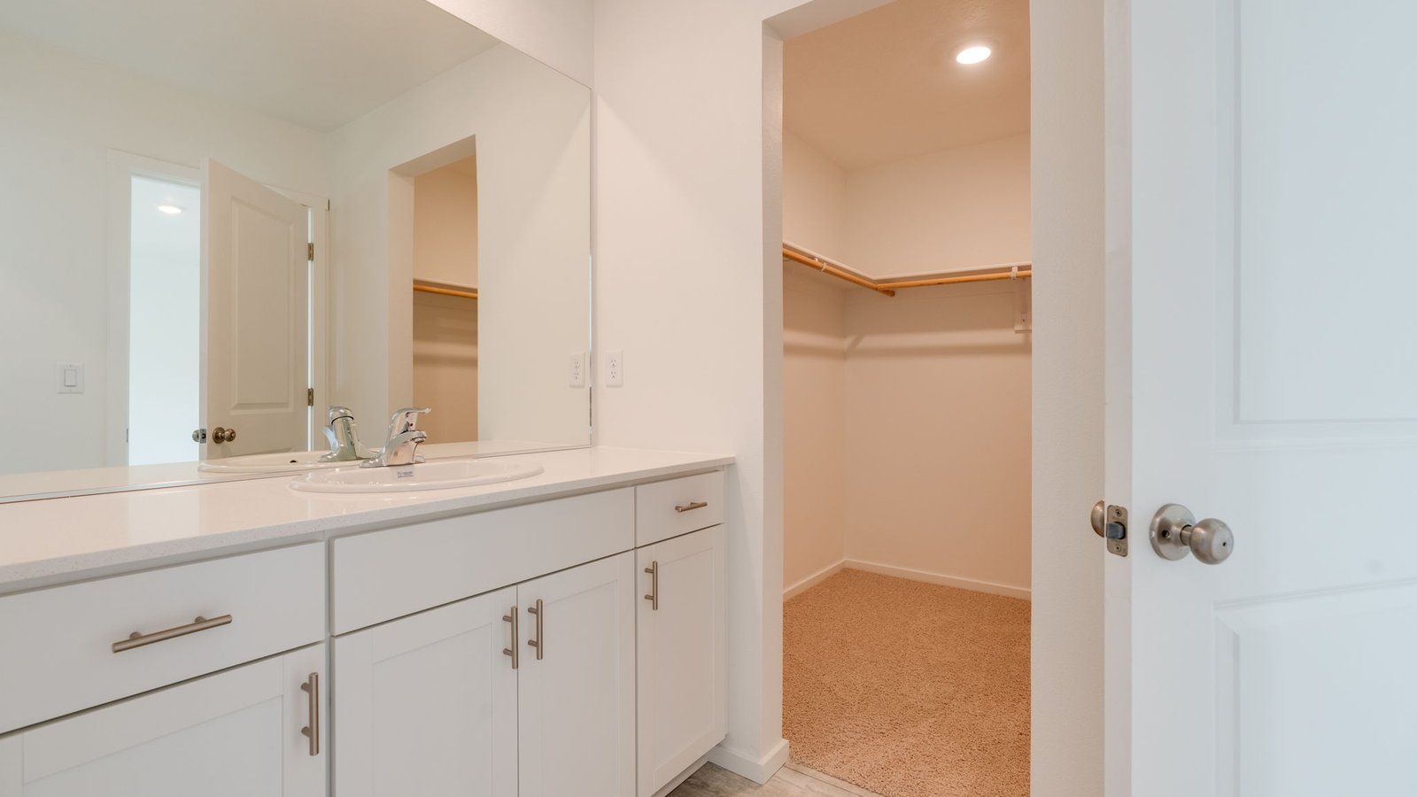 Primary bathroom with quartz counters and a walk-in shower
