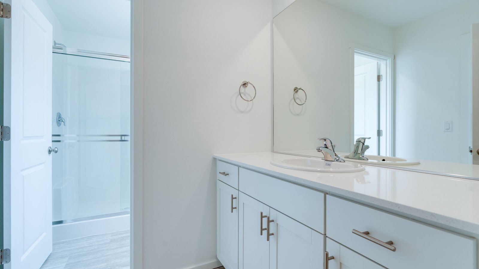 Primary bathroom with quartz counters and a walk-in shower