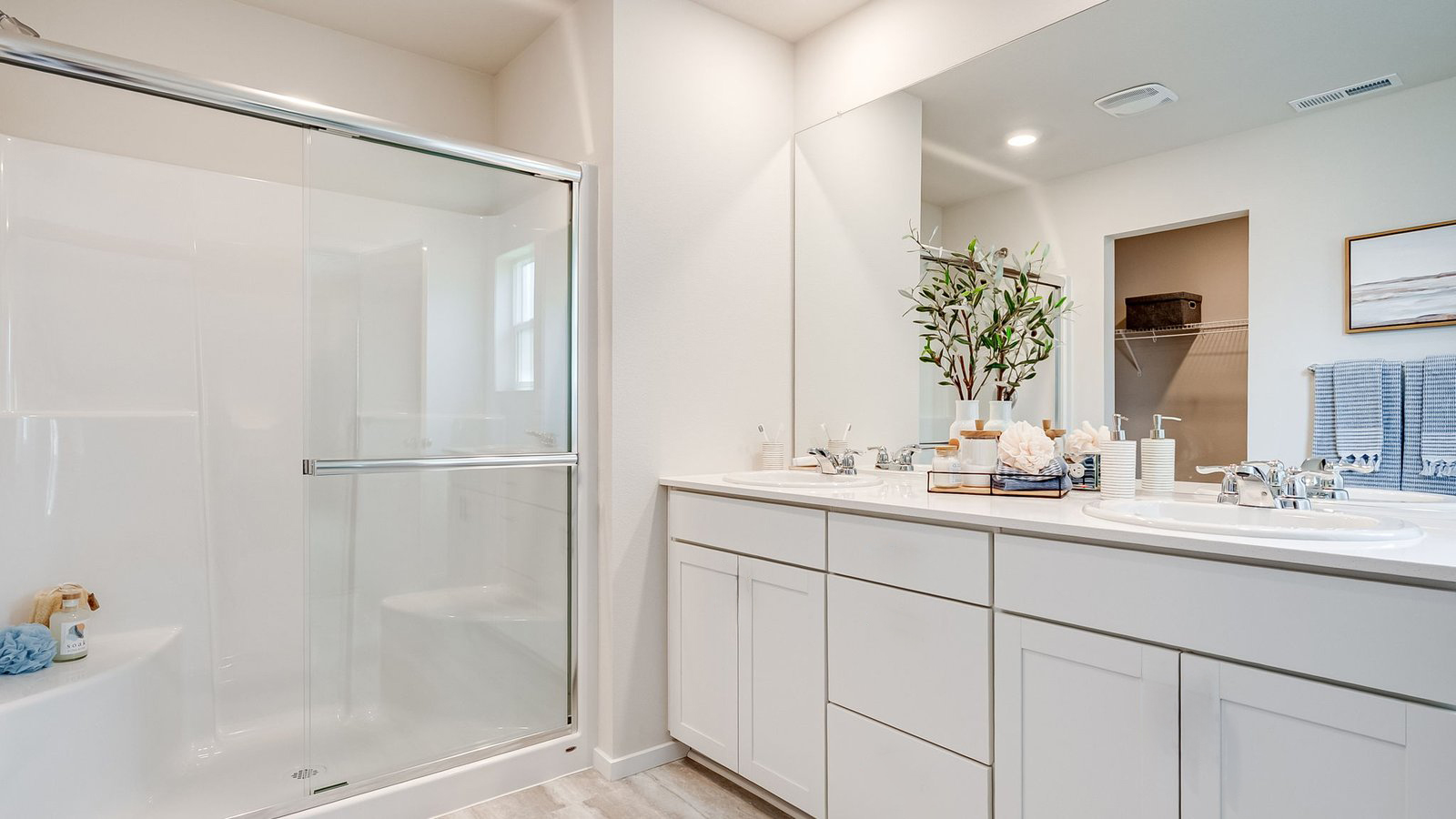 Primary bathroom with quartz counters and a walk-in shower