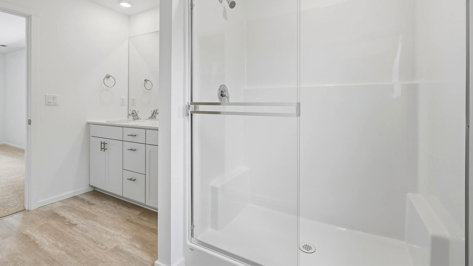 Primary bathroom with quartz counters and a walk-in shower