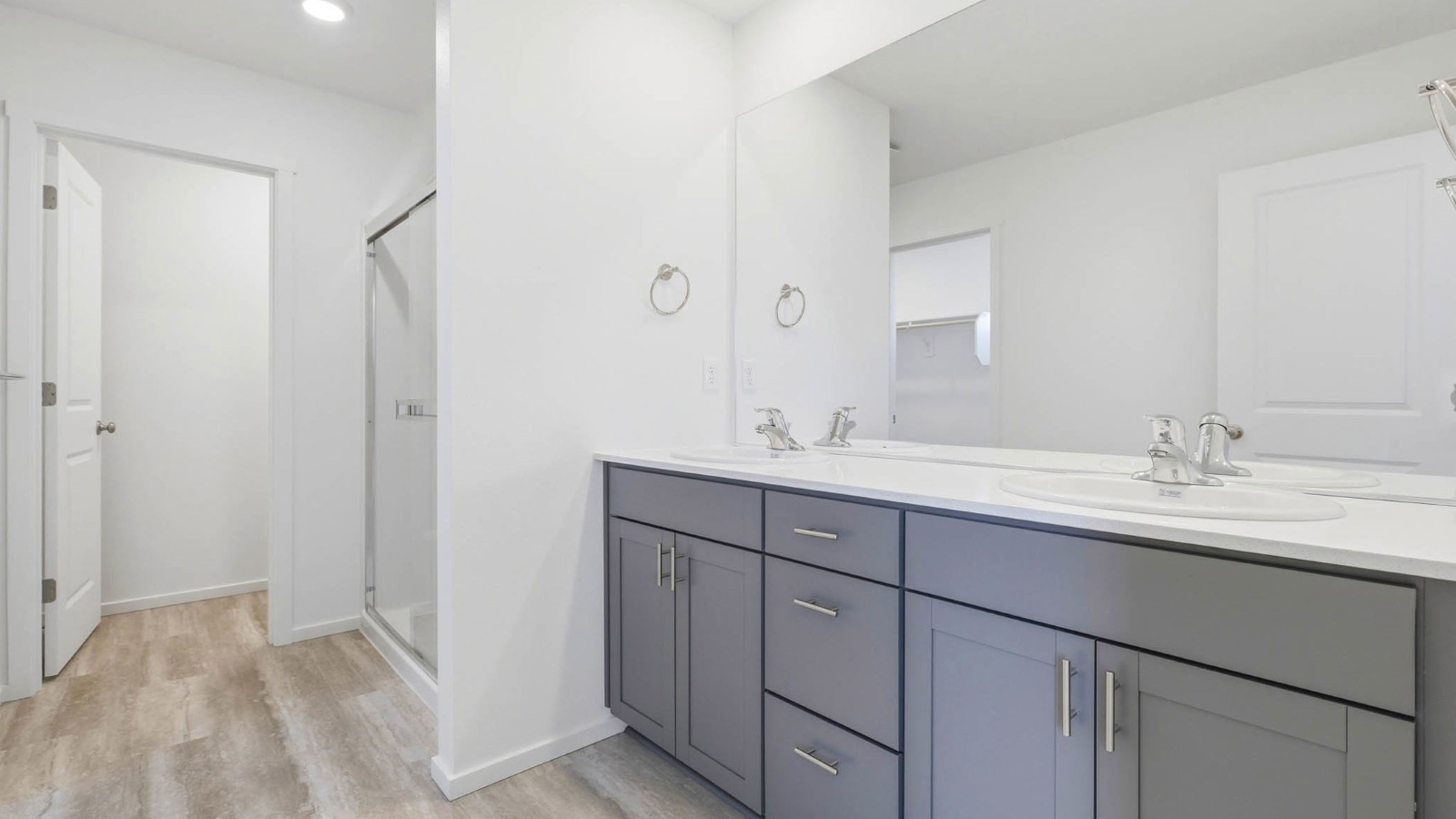 Primary bathroom with quartz counters and a walk-in shower