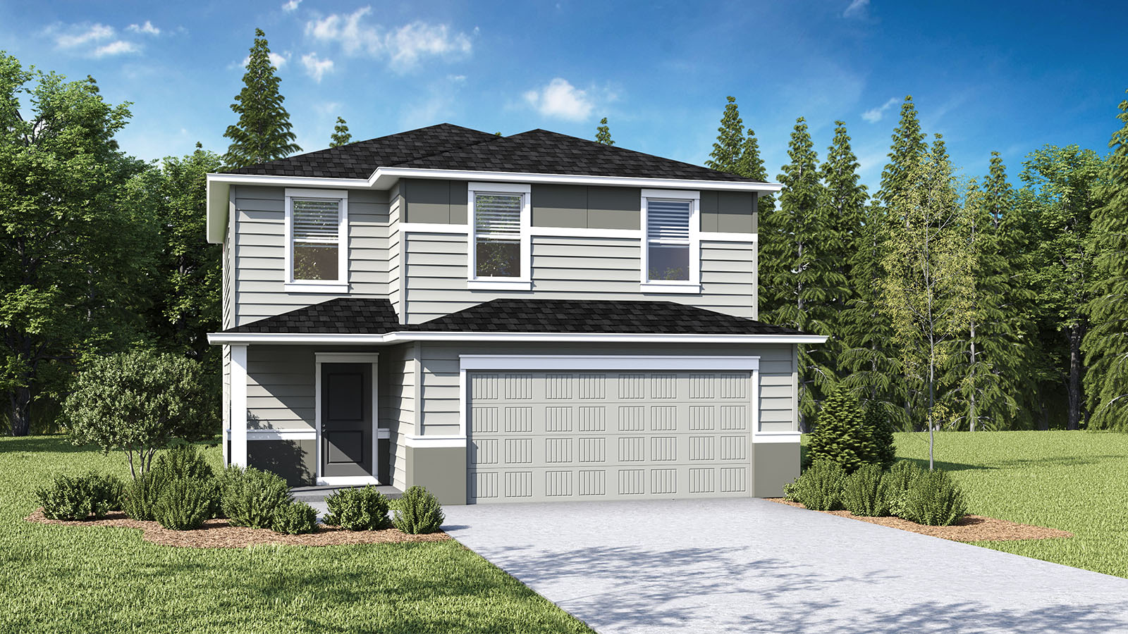 exterior rendering of a 2-story home with a 2-car garage