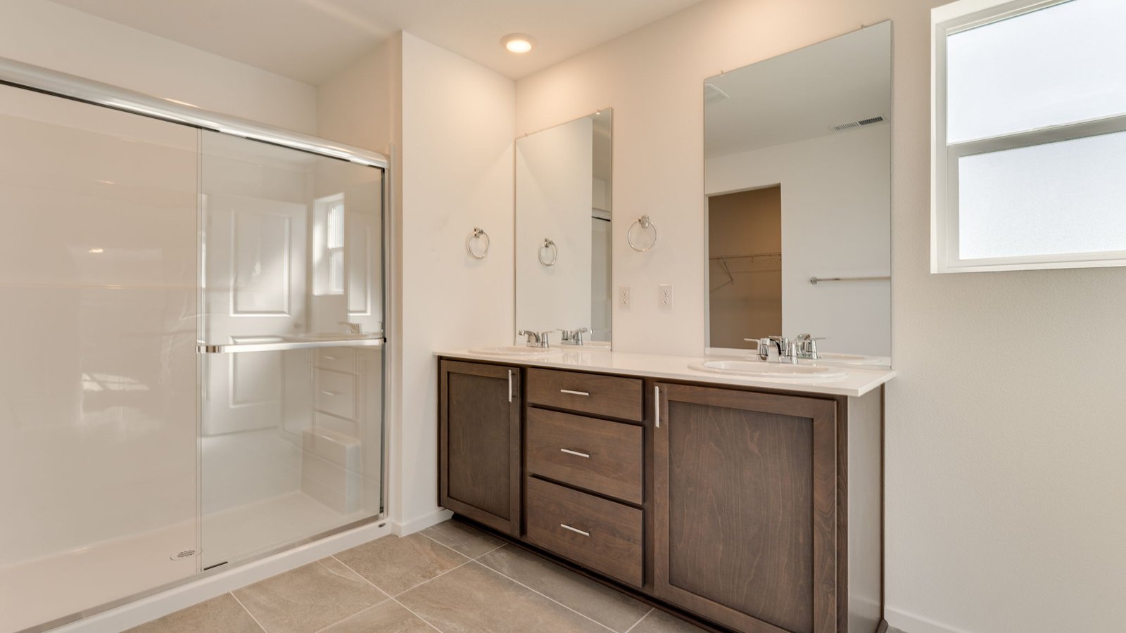Primary bathroom with quartz counters and a walk-in shower