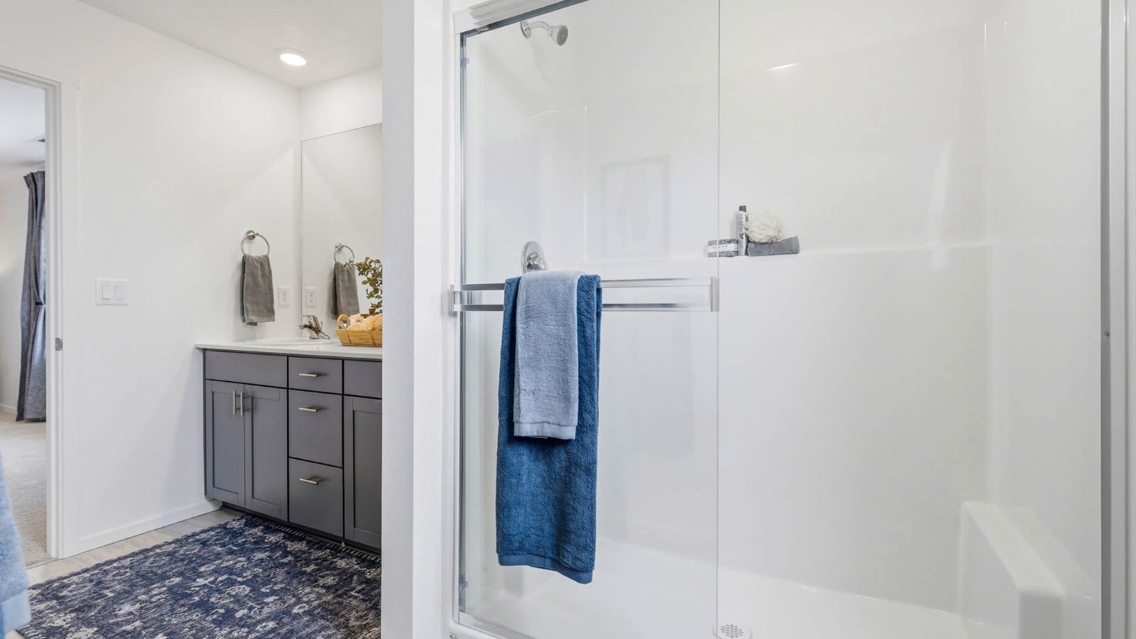 Primary bathroom with quartz counters and a walk-in shower