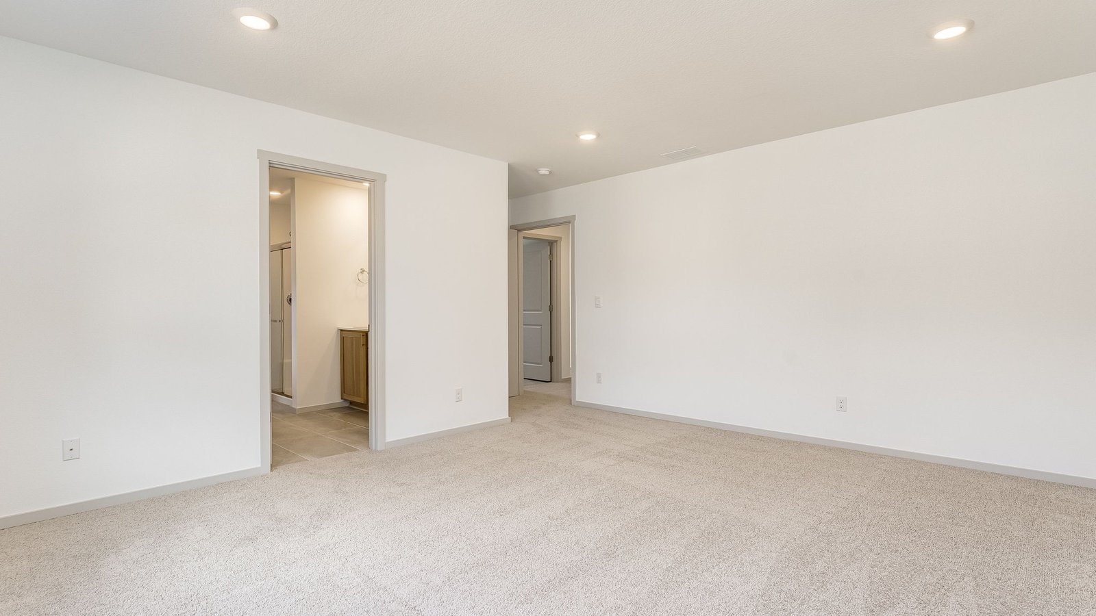 Primary bedroom with wall-to-wall carpet, a walk-in closet and an attached bathroom