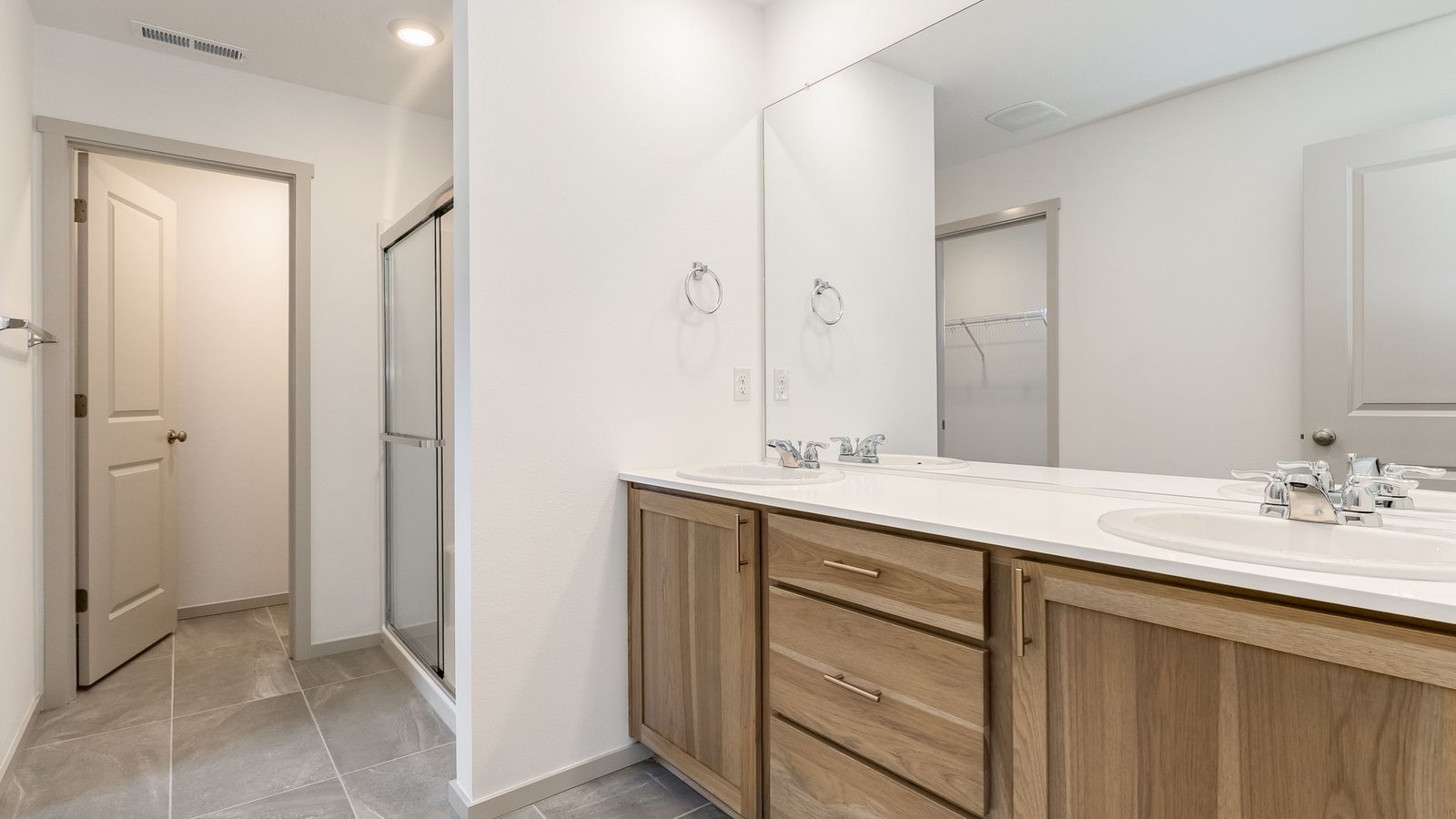Primary bathroom with quartz counters and a walk-in shower