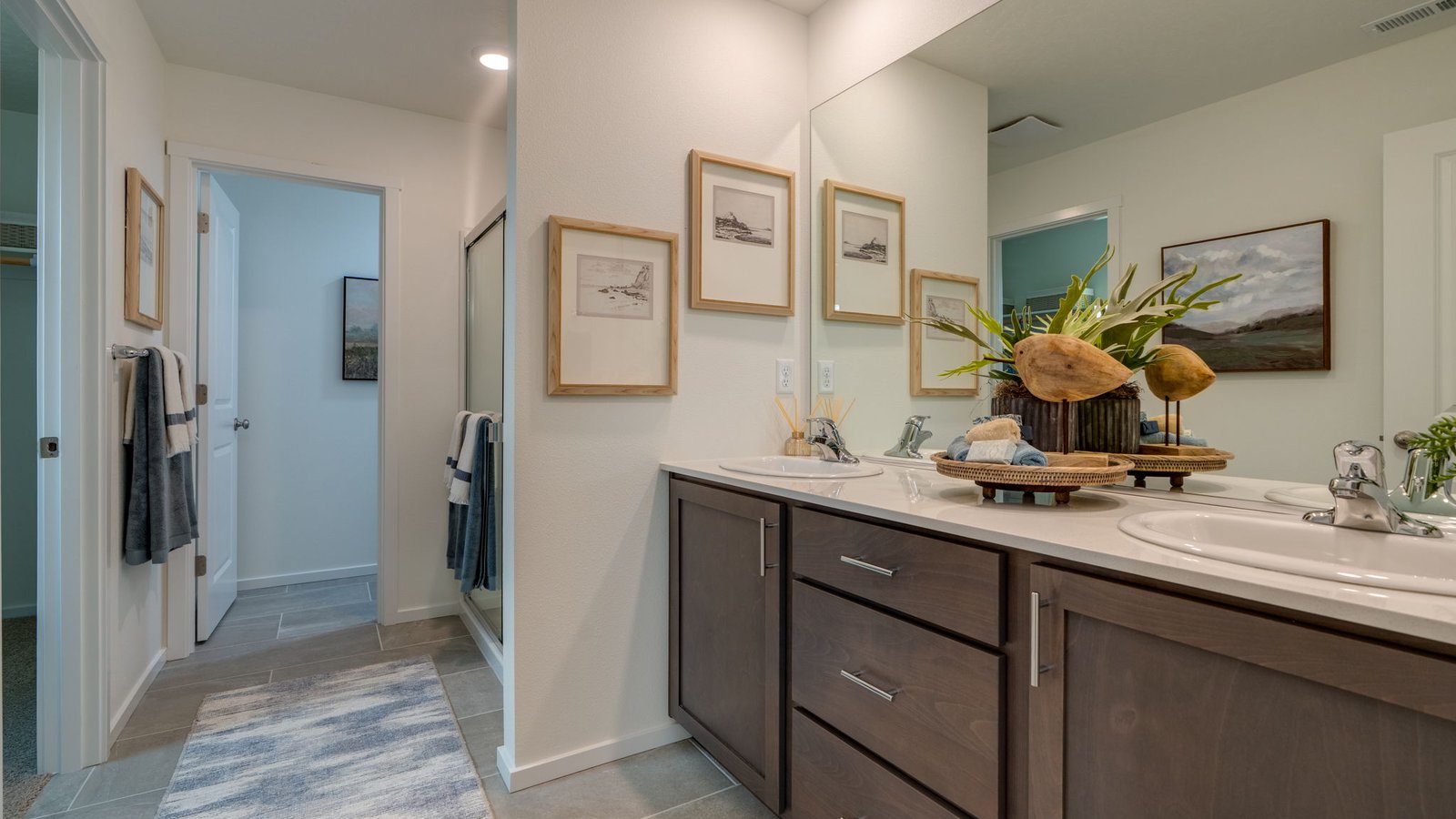 Primary bathroom with quartz counters and a walk-in shower