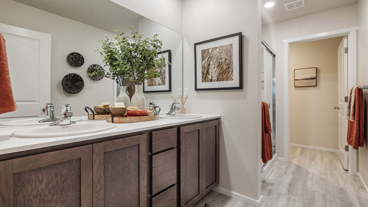 Primary bathroom with quartz counters and a walk-in shower