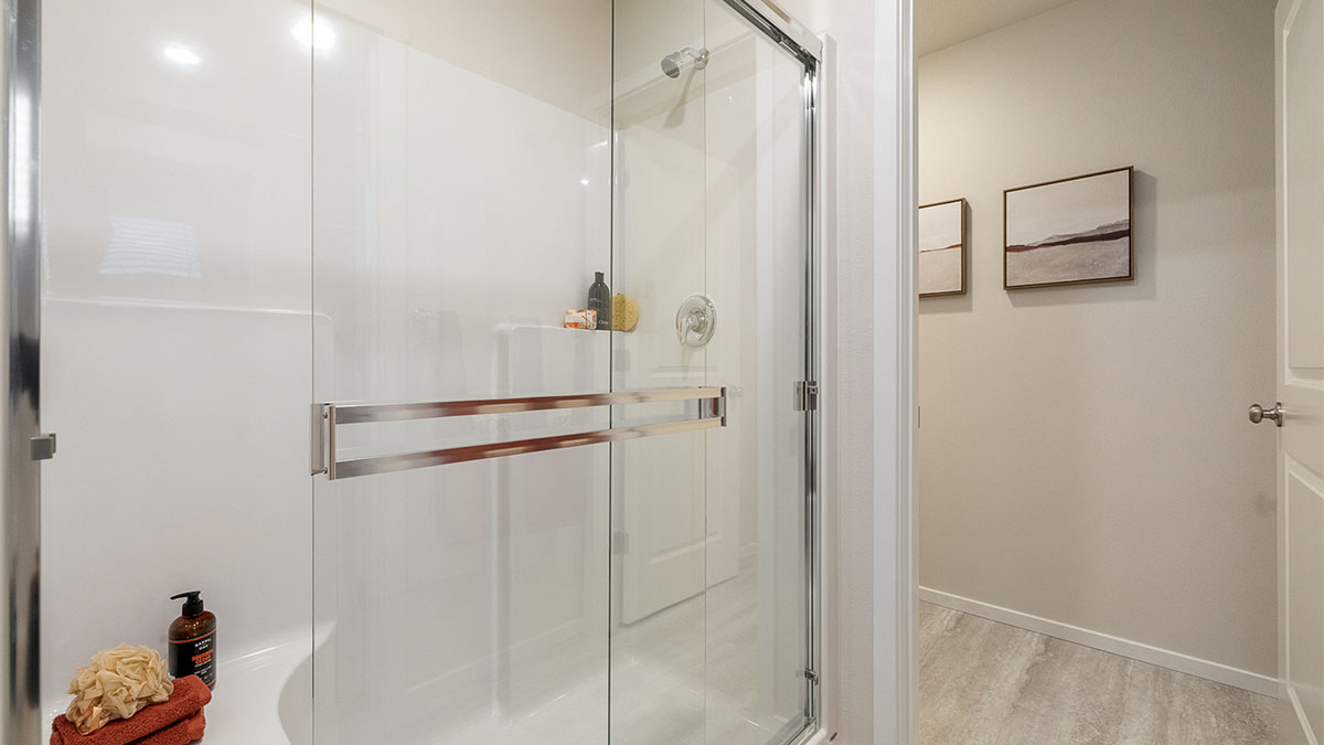 Primary bathroom with quartz counters and a walk-in shower