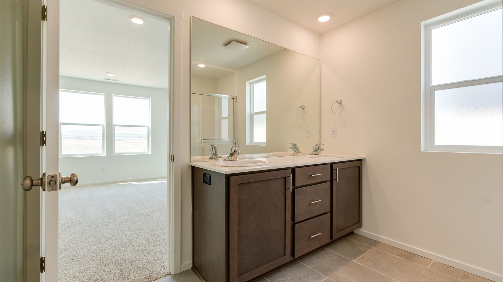 Primary bathroom with quartz counters and a walk-in shower