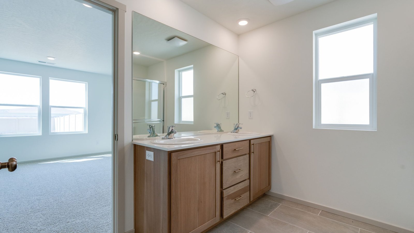 Primary bathroom with quartz counters and a walk-in shower