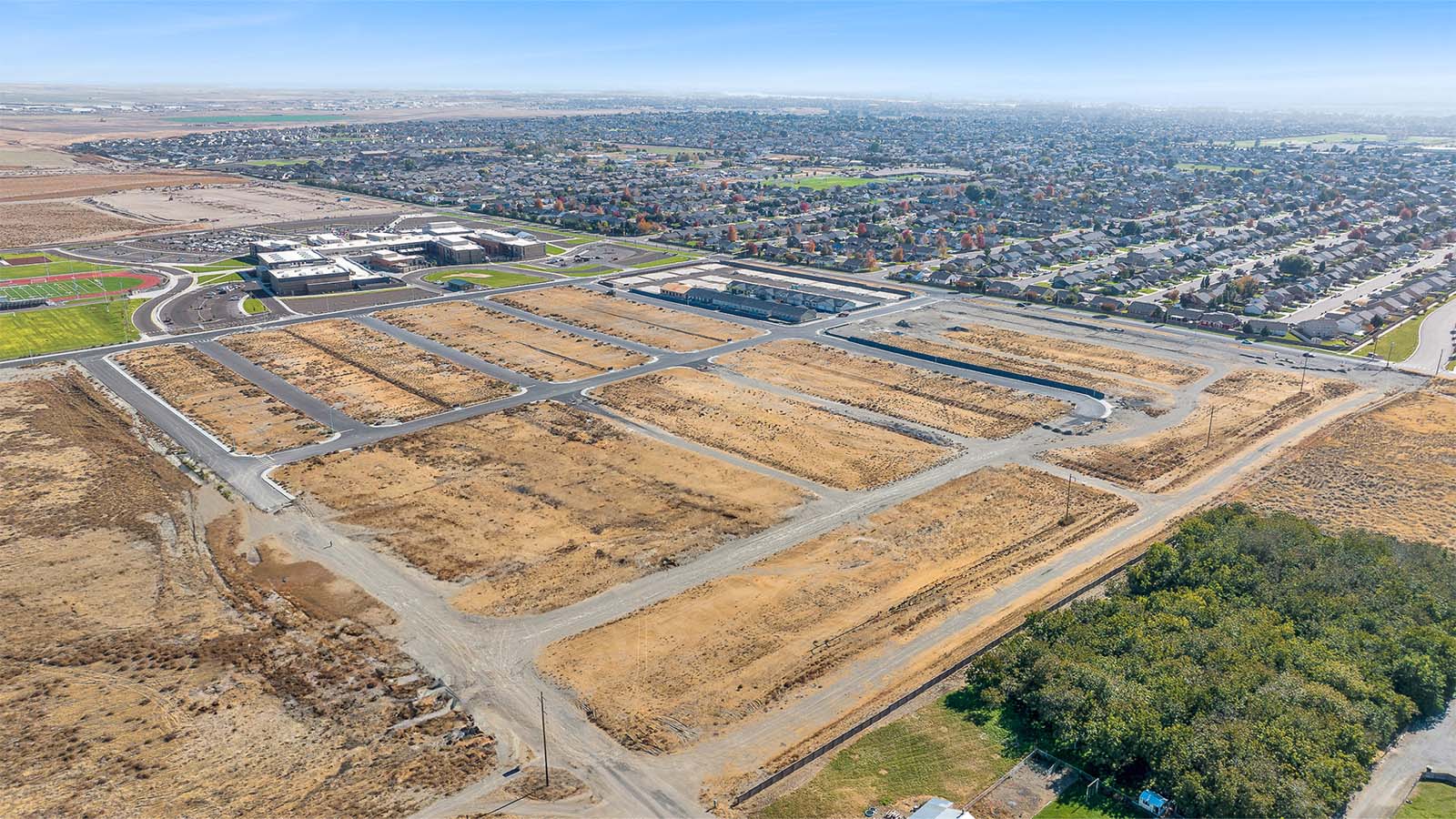 Aerial view of Glacier Park, a new home community coming soon to rapidly growing Pasco, Washington, offering single-family homes.