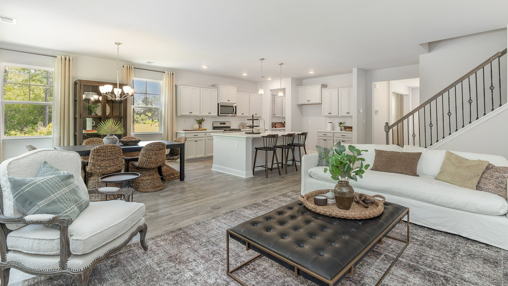 Harbor Oak living room with white chair