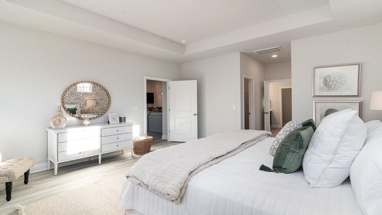 primary bedroom with tray ceilings