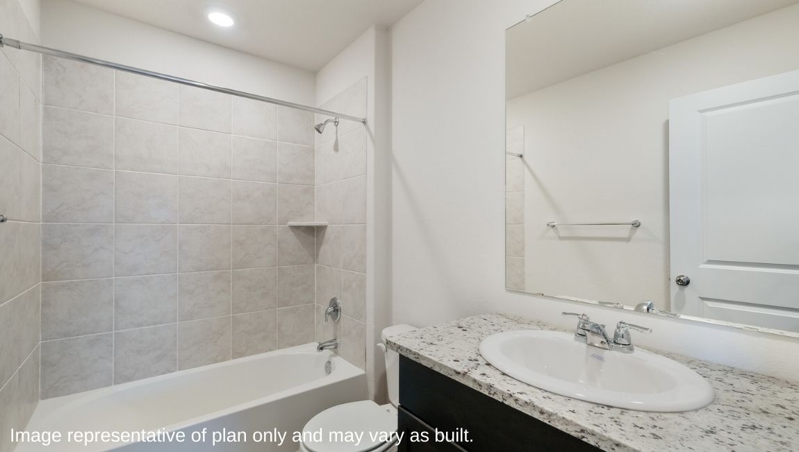 DR Horton Von Ormy Preserve at Medina the emma floor plan 1700 square feet secondary bathroom with combined tub and shower and single vanity sink