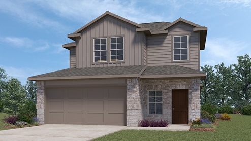 DR Horton Von Ormy Preserve at Medina the florence floor plan 1858 square feet 2 story 2 car garage elevation b with brick and stone front exterior
