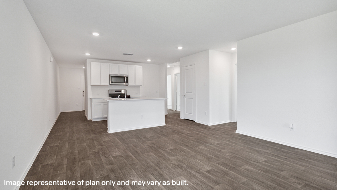 Living room with brown flooring.