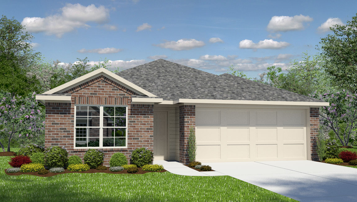 New home with brick accents and attached garage.