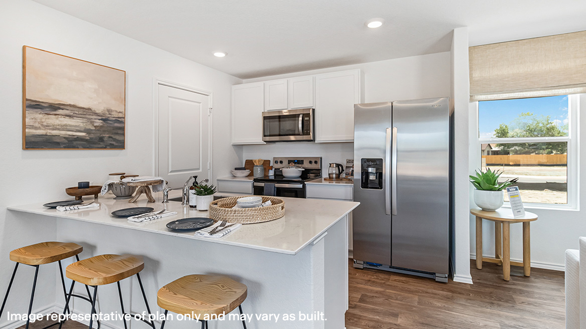 New appliances and a larger kitchen island, a sink, seating anchor our kitchen, pantry, near dining, living and great rooms