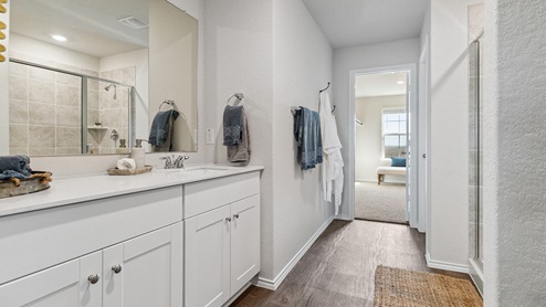 Hacienda Model Primary bathroom with walk-in shower and closet.