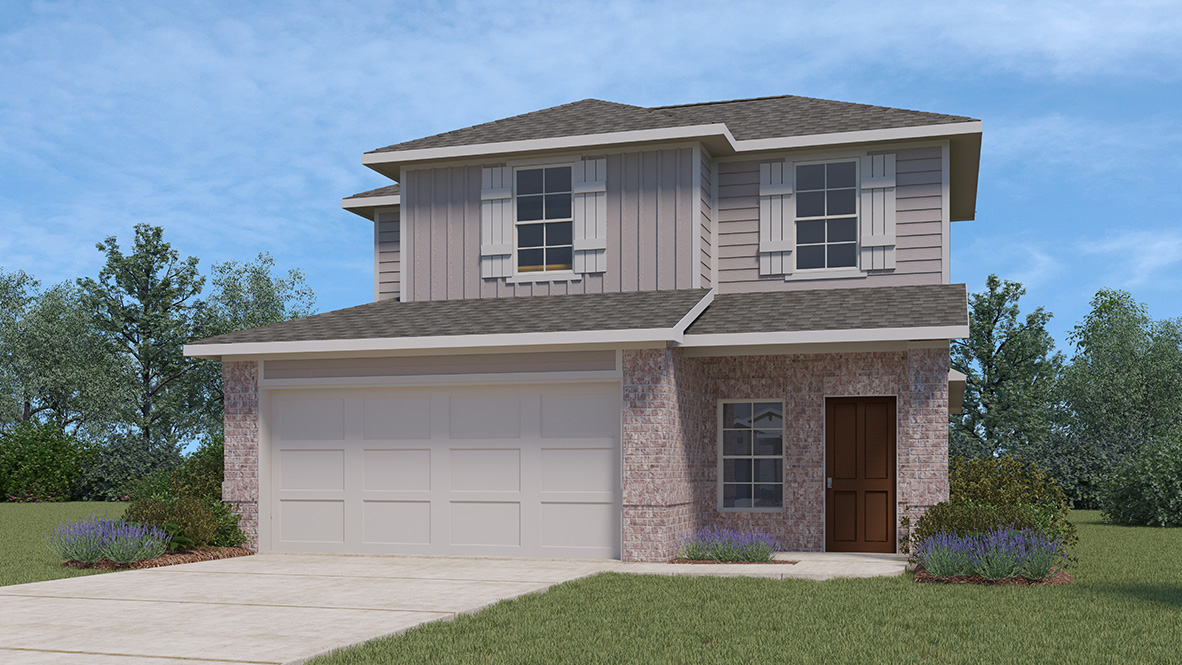 Two story home with covered porch, brick and stucco front exterior and two car garage.