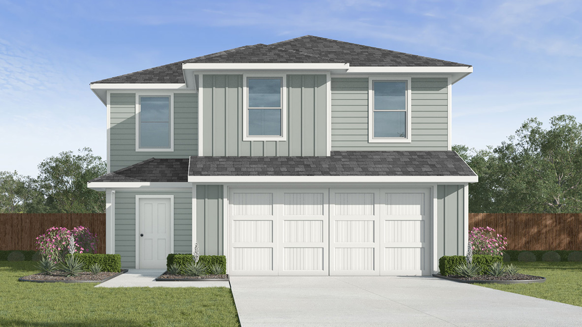 front exterior of a two story home with a two car garage