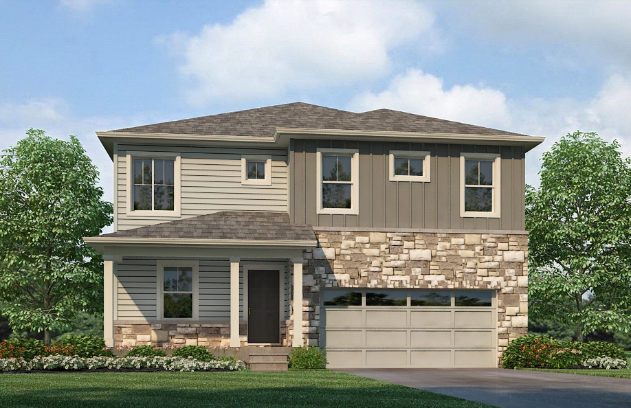 Exterior rendering of two-story Bridgeport plan with elevation option J