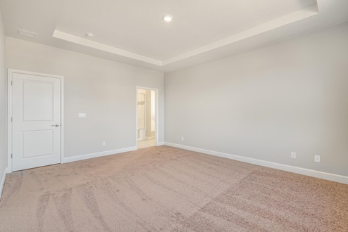 bedroom with carpet floor, crown molding, and room to bathroom