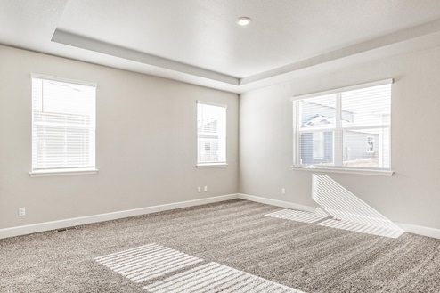 bedroom with carpet, three windows and crown molding ceiling