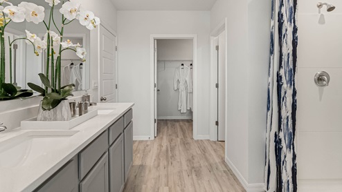 Primary bathroom with double vanity sink and walk in closet