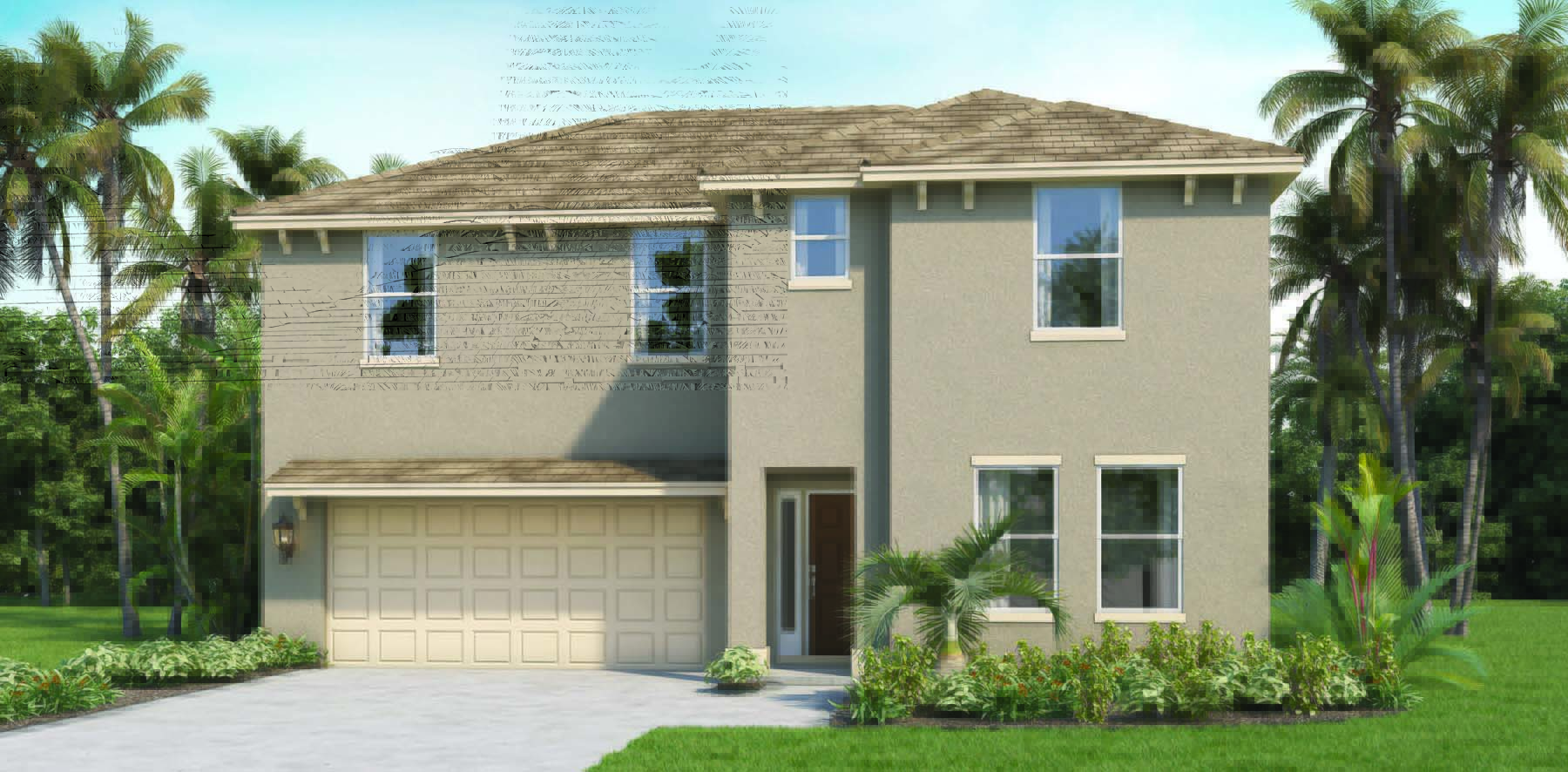 Exterior elevation of the McGraw floor plan with two-car garage