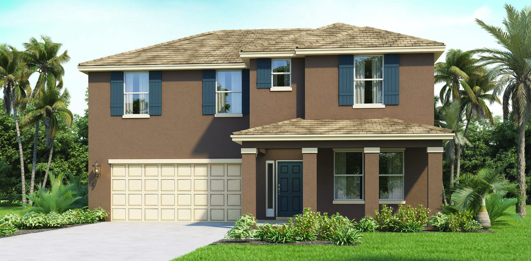 Exterior elevation of the McGraw floor plan with two-car garage and front porch