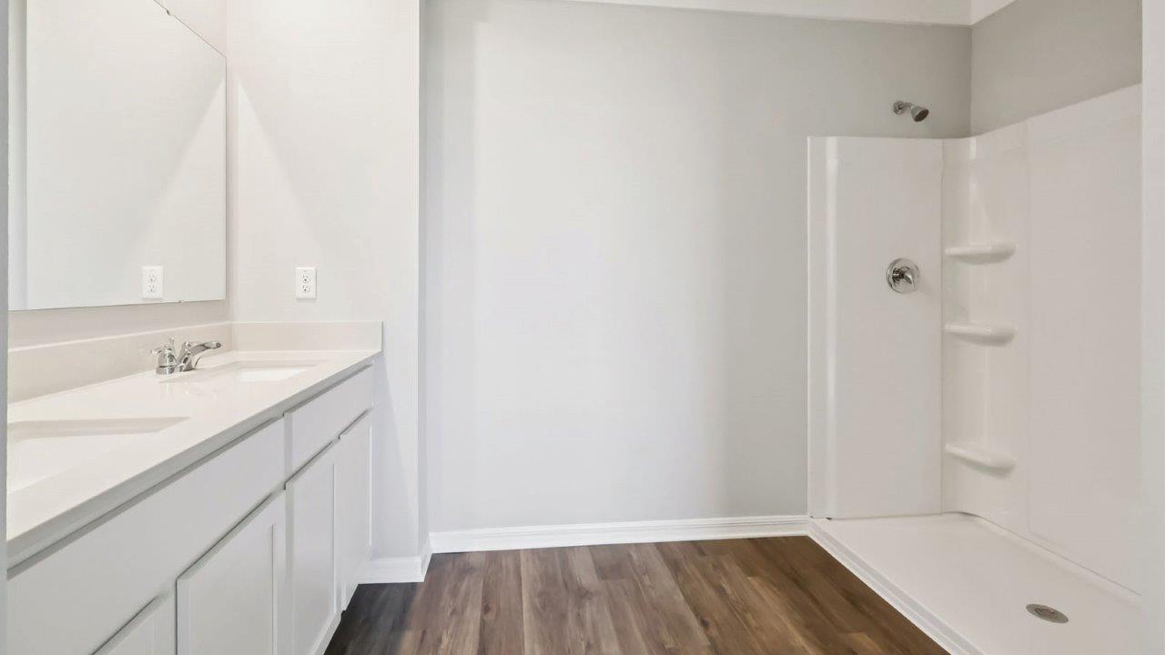 Primary bathroom with walk in shower and dual vanity sink