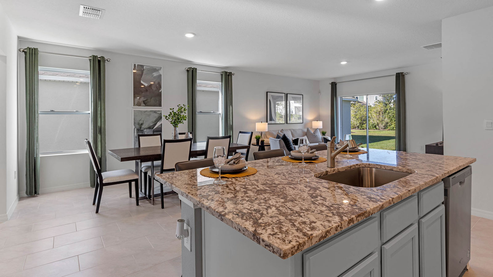Kitchen island overlooking dining room and living room