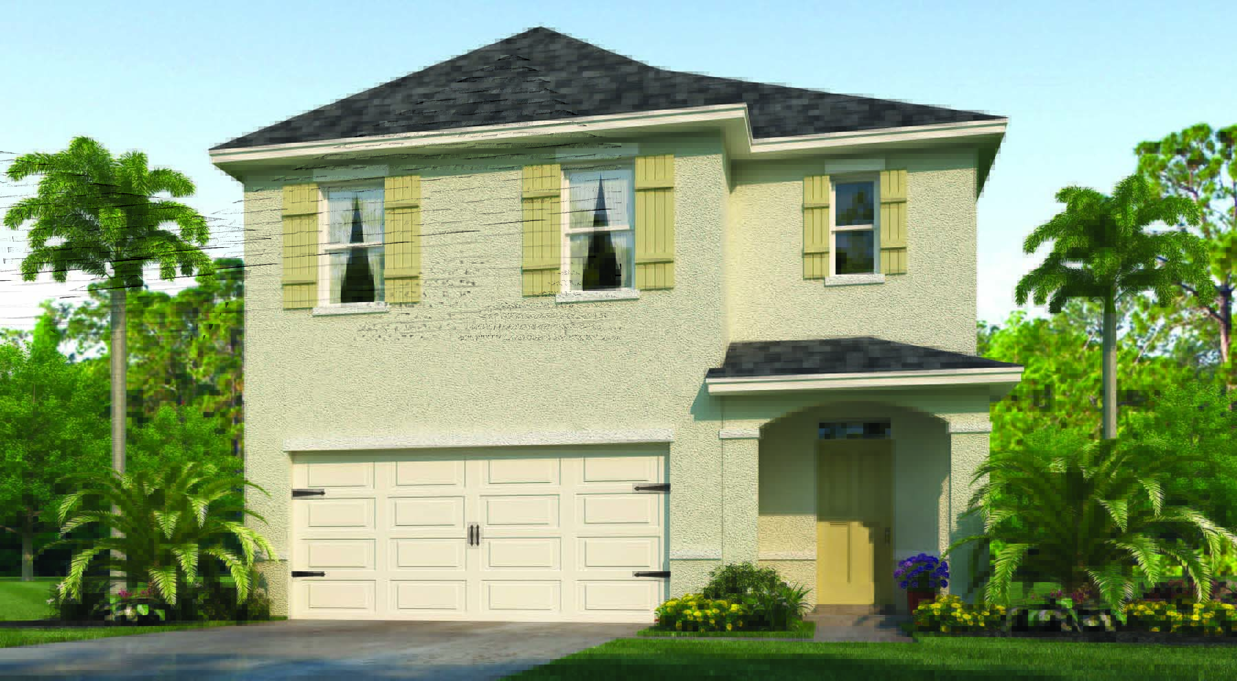 two-story home with shutters and two-car garage