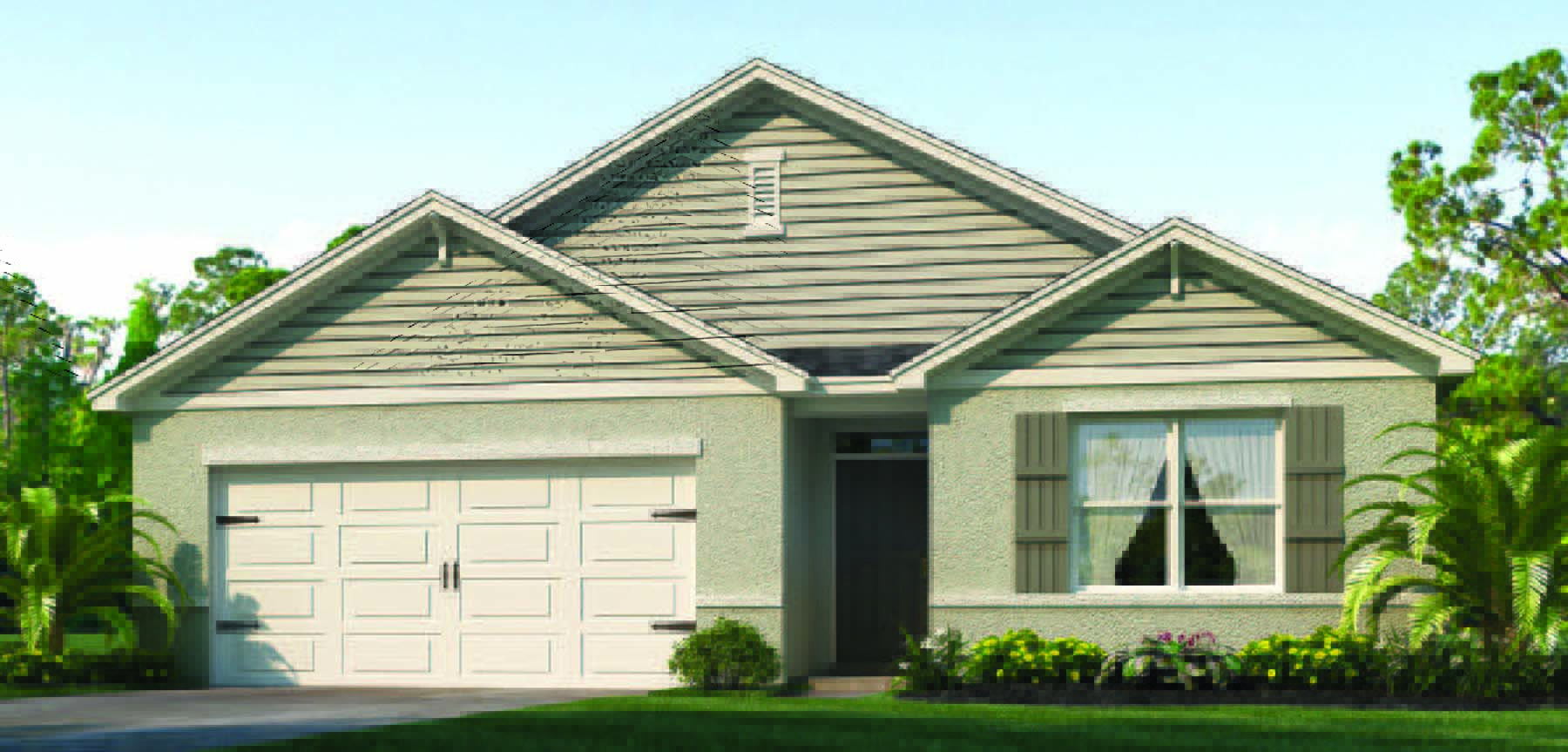 Single-story home with shutters and two-car garage