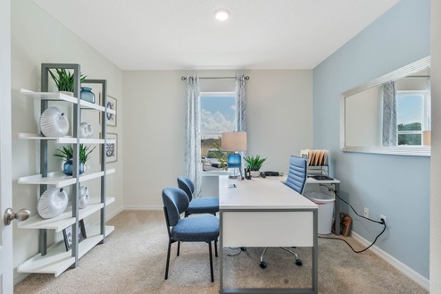 Comfortable office space with desk and bookshelves