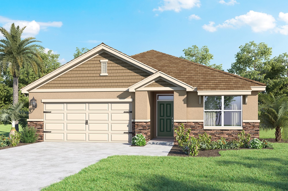 single-story home with stone accents and two-car garage